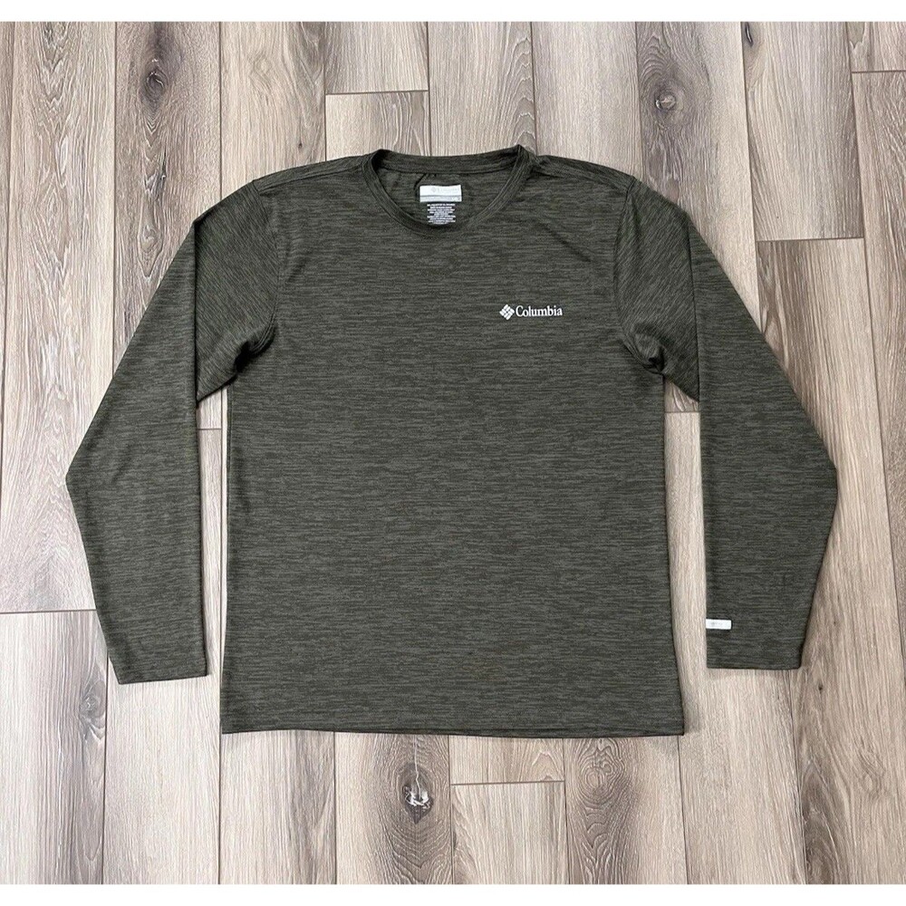Columbia Shirt Mens Sz L Green Long Sleeve Crew Neck Heathered Logo Lightweight